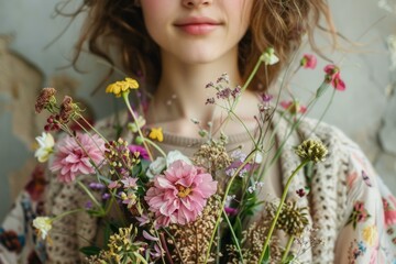 Florist presenting a bouquet of various colorful flowers, including dahlias and wildflowers
