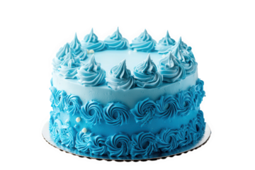 a beautifully decorated cake featuring a light blue frosting with intricate piping and swirls. topped with small peaks of frosting. perfect for celebrations such as birthdays or special occasions
