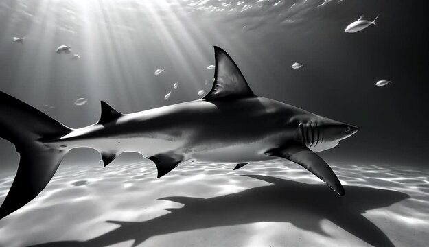 Shark in Sunbeams: A powerful bull shark glides effortlessly through the crystalline waters, its imposing silhouette starkly outlined by a dazzling sunbeam piercing the surface.