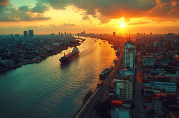 Fototapeta premium Serene Sunset View Over a Bustling River with City Skyline, Boats, and Glowing Reflections in a Vibrant Urban Landscape, Capturing the Beauty of Nature and City Life