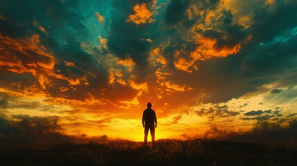 Fototapeta premium Cinematic silhouette of a person standing under a vibrant sunset sky, highly detailed, peaceful and dynamic, serene and striking, natural and beautiful atmosphere