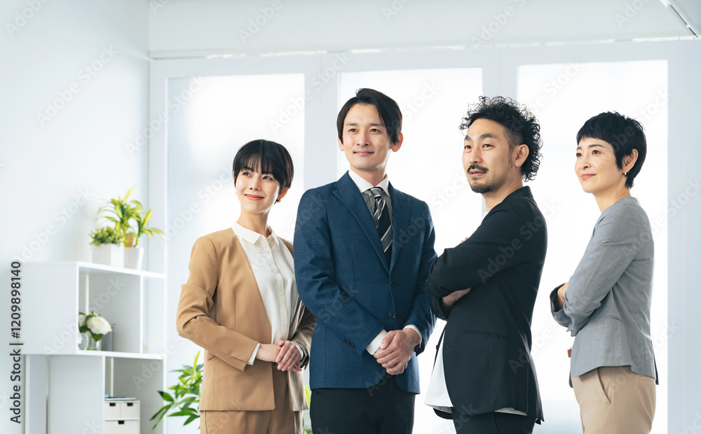 Poster ビジネスマン、ビジネスウーマン、チーム、ビジネス、ビジネスパーソン、グループ、チームワーク、同僚、オフィス、企業、会社員、カジュアル、仲間、協力、職場、並ぶ、笑顔、仕事、働く、スーツ、人材、自信、バナ
