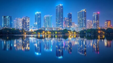 Naklejka premium city skyline at night with glowing buildings, deep blue sky, calm and peaceful cityscape, high detail reflections