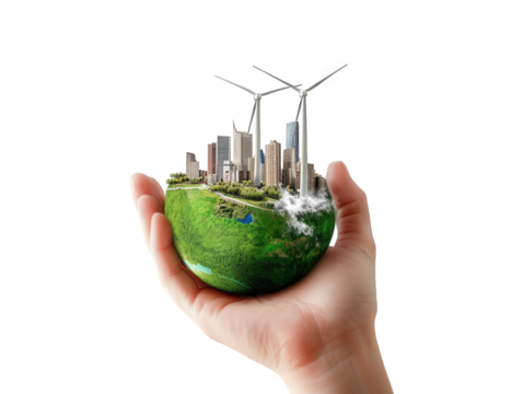 a hand holding a small globe that features a blend of urban buildings and green landscapes. symbolizing the harmony between nature and city life. with wind turbines in the background. emphasizing sust