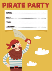 Pirate party invitation, birthday.A card for a children's party.Pirate ship, skull, crab, treasure chest. Cartoon Flat illustrations
