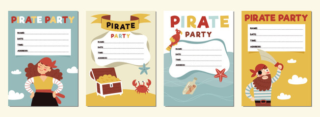 Pirate party invitation, birthday.A cards for a kids party.Pirate ship, skull, crab, treasure chest. Cartoon Flat illustrations