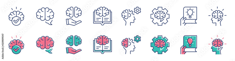 Poster intelligence cognition brain thinking icon line set creative idea brainstorm smart genius mind signs vector line illustration for web and app