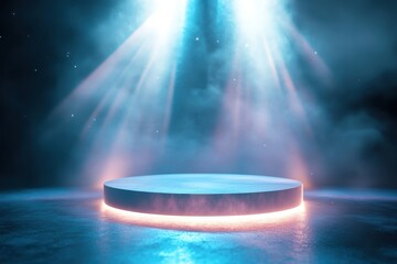 Obraz premium Futuristic Empty Stage with Neon Lights and Smoke in a Dark Studio Setting for Product Display or Performance