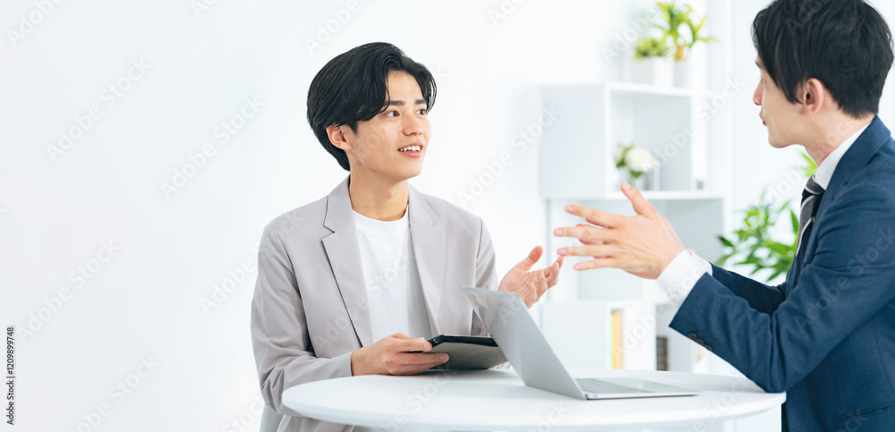 Aufkleber ビジネスマン、ビジネス、男性、打ち合わせ、会社員、会話、話す、オフィス、会議、ミーティング、日本人、若手、若い、商談、交渉、人材、チームワーク、ロビー、イケメン、スーツ、カジュアル、企業、フリーアドレス、パートナー、上司、部下、Z世代、指導、新人、インターン、新入社員、採用、面談、質問、考える、面接、明るい、職場、笑顔、談笑、相談、ビジネスパーソン、説明、研修、顧問、税理士、弁護士、面会、二人、人