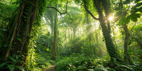 Lush Dense Jungle with Sunlight Filtering Through