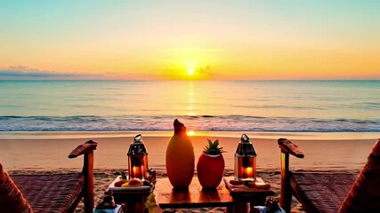 Romantic Beach Sunset: An intimate scene of two wooden chairs facing the ocean at sunset, adorned with a table setting, including fruit, a vase, and lanterns, for a romantic evening escape.