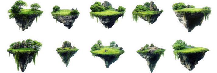 collection of floating islands. each with lush greenery and varying rock formations. creating a whimsical and imaginative landscape the design evokes a sense of fantasy and adventure. ideal for creati