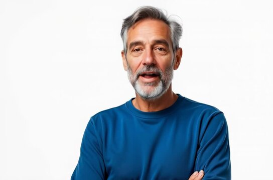 Happy Senior Man with Gray Hair Smiling in Casual Blue Shirt Against White Background - Optimistic Mood, Joy, Well-being, and Confidence