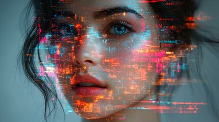 A colorful digital portrait of a person with glitch effects, pixel distortions, and holographic elements. 457