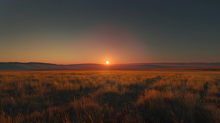 Obraz premium A total solar eclipse occurred over a vast grassland, the moon completely covered the sun so the sky was pitch black