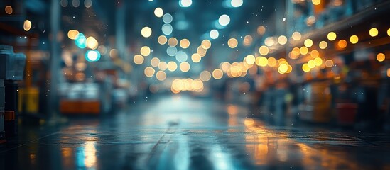 Fototapeta premium Blurred Warehouse Interior with Warm Bokeh Lights Creating a Dreamy Industrial Atmosphere