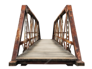 a rustic. weathered metal bridge with a wooden walkway. showcasing an industrial design that suggests both age and durability the bridge appears to be used for pedestrian traffic. connecting two sides