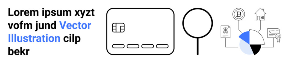 Mockup includes text, credit card, circle, pie chart, cryptocurrency icon, home symbol, and connection lines. Ideal for digital finance, technology data analysis cryptocurrency fintech home