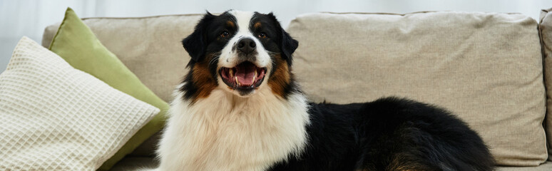 playful Australian Shepherd relaxes happily on soft couch in living room, banner
