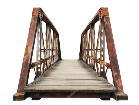 a rustic. weathered metal bridge with a wooden walkway. showcasing an industrial design that suggests both age and durability the bridge appears to be used for pedestrian traffic. connecting two sides