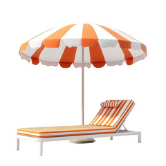 stylish beach lounge chair with a striped orange and white umbrella overhead. designed for relaxation and leisure under the sun the scene conveys a summery vibe. perfect for a beach or poolside settin