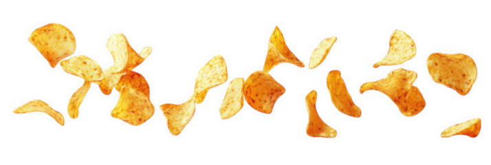 dynamic arrangement of potato chips floating in mid-air against a clean. white background. emphasizing their texture and color the composition suggests a playful and appetizing appeal. likely aimed at