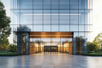 Modern Glass Office Building Entrance with Reflections and Warm Lighting at Sunset