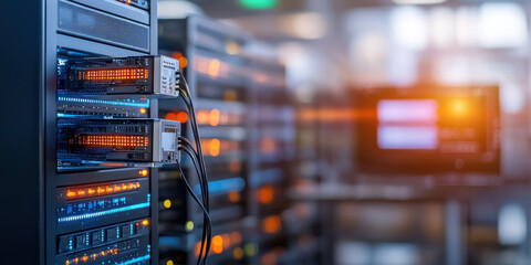 High tech server room with glowing AI powered servers and data storage