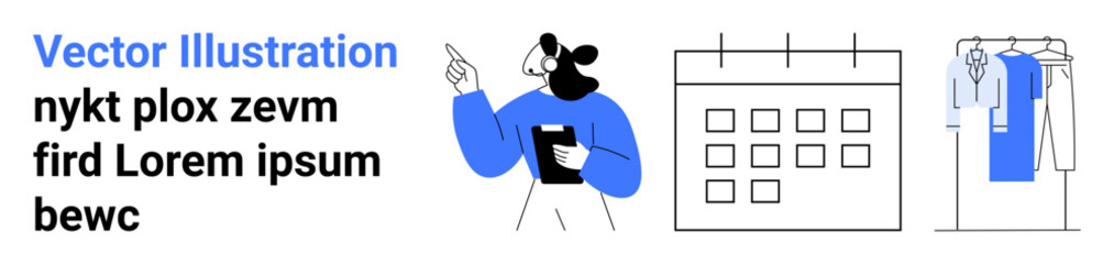 Woman pointing at calendar with clipboard in hand, emphasizing a carefully organized schedule and wardrobe. Ideal for organizational tools, time management, professional planning, wardrobe