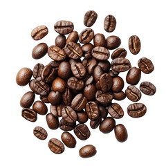 close-up view of a pile of roasted coffee beans. showcasing their rich. dark brown color and distinct textures the beans are arranged randomly against a white background. emphasizing their glossy surf