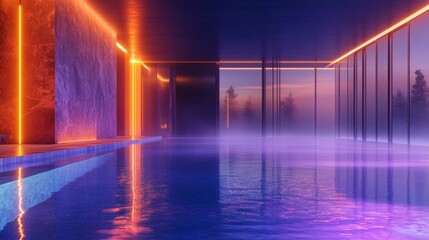 Spacious modern interior with glowing orange lights, large windows open to a serene night pool scene in soft purples and mist