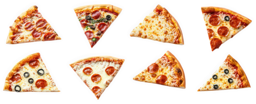 eight slices of pizza arranged in two rows. showcasing different toppings such as pepperoni. olives. and cheese the vibrant colors and appetizing appearance suggest a focus on food. appealing to pizza - Powered by Adobe