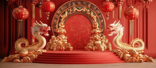 Fototapeta premium Golden dragons flank red stage; lanterns, Chinese New Year