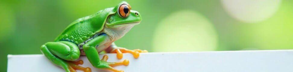 Fototapeta premium A vibrant green frog poses with a pristine white sign , background, promotion