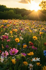 Obraz premium Vibrant Wildflower Meadow at Sunset with Sunlight Streaming Through Trees in a Serene Natural Landscape