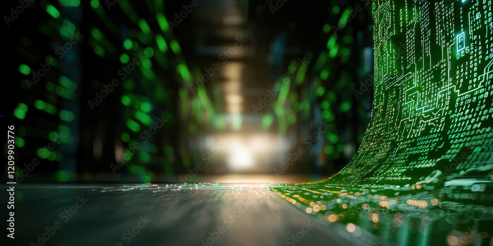 Poster dynamic green holographic grid background with glowing data patterns