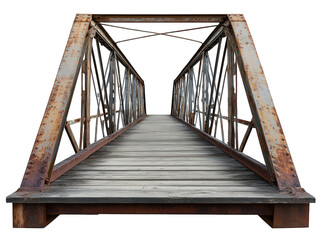 a rustic. weathered bridge made of metal and wood. showcasing a symmetrical perspective that draws the viewer's eye toward the horizon the bridge appears to be designed for pedestrian use. likely conn