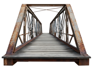 a rustic. weathered bridge made of metal and wood. showcasing a symmetrical perspective that draws the viewer's eye toward the horizon the bridge appears to be designed for pedestrian use. likely conn