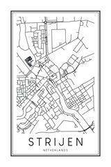 Printable downtown road map poster of the Dutch city of STRIJEN on solid white background with city name