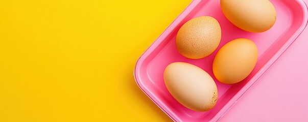Obraz premium bright yellow background, eggs in pink tray, playful concept with vibrant colors, ideal for food themes, cooking inspiration, meal prep photos, and breakfast
