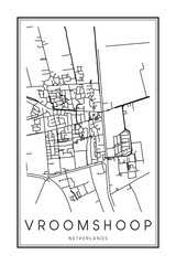 Printable downtown road map poster of the Dutch city of VROOMSHOOP on solid white background with city name