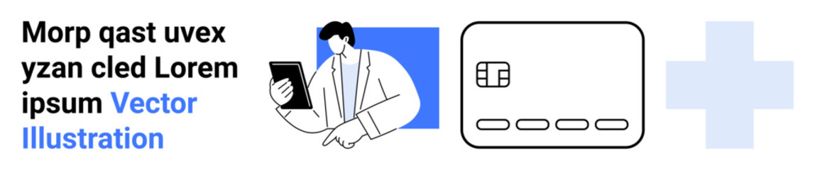 Fototapeta premium Professional holding a tablet, outlined credit card, and plus symbol conveying financial technology, digital payments, online services, mobile banking, secure transactions, fintech innovation. Ideal