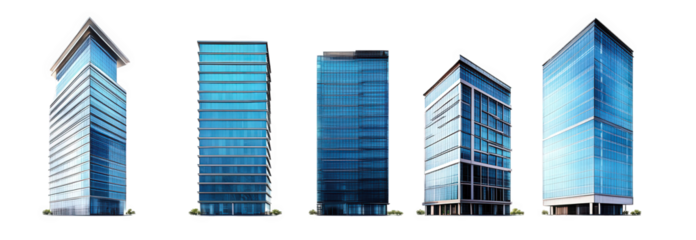 a series of five modern office buildings. each featuring unique architectural designs and glass facades that reflect light the structures vary in height and style. suggesting a contemporary urban envi