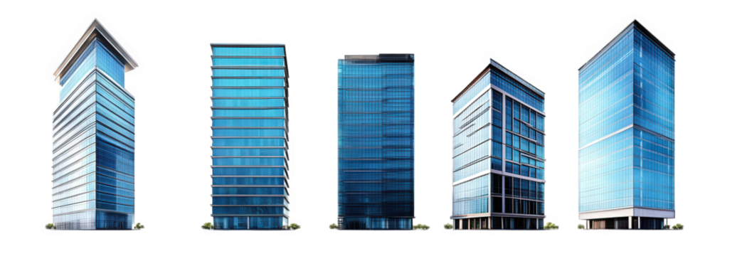 a series of five modern office buildings. each featuring unique architectural designs and glass facades that reflect light the structures vary in height and style. suggesting a contemporary urban envi