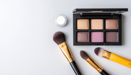 High end makeup palette with shimmering eyeshadows and brushes