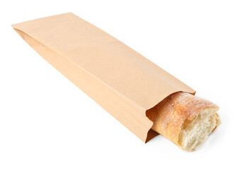 Paper bag with fresh baguette isolated on white