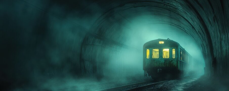 A haunting image of a ghost train emerging from a misty tunnel, its windows glowing with an otherworldly light.