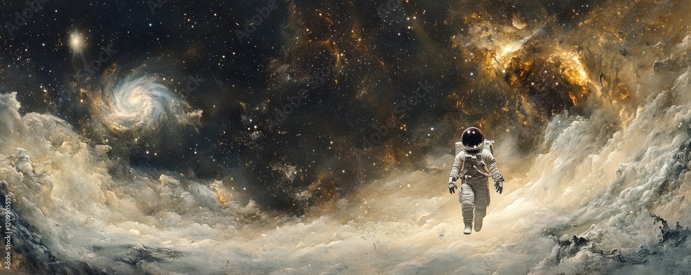 Wall mural a haunting image of a lone astronaut floating in the vast emptiness of space, dwarfed by the swirlin
