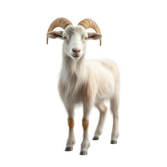 Obraz premium a realistic 3d rendering of a goat with prominent curved horns. standing upright and facing the viewer its fluffy white fur and calm expression suggest a friendly demeanor. making it suitable for educ