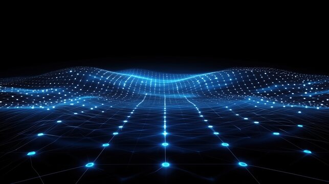 A glowing blue grid stretches into the distance, its intersecting lines illuminated by soft light, creating a futuristic high-tech landscape.